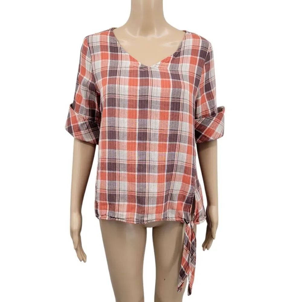 Oddy Oddi Linen Cotton Orange Oatmeal Plaid V-Neck Tie Front Women's Top